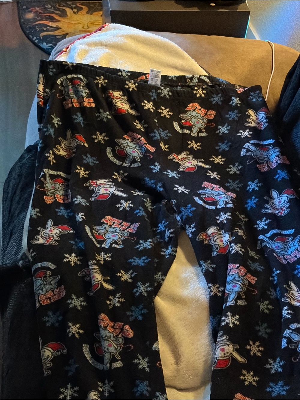 Holiday Happy Bunny Print Black Pajama Pants